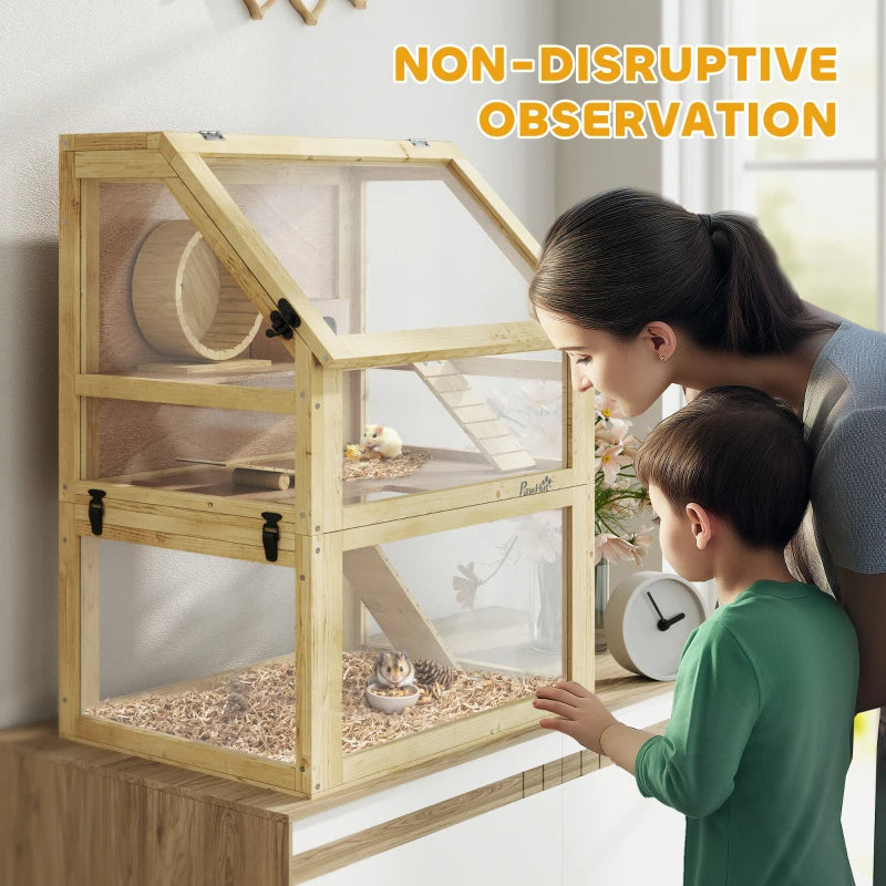 3 Tier Wooden Hamster Cage with Detachable Bottom, Hut, Seesaw, Ramps & Exercise Wheel