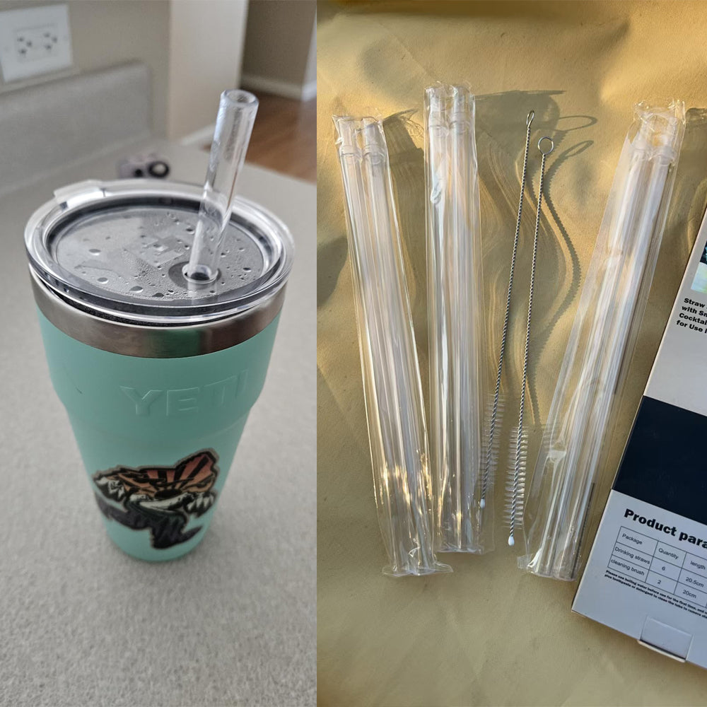 Reusable Transparent Plastic Drinking Straws - Set of 6 with Cleaning Brushes