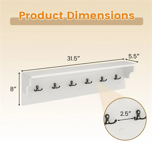 Wall Mount Coat Rack with Shelf - 6 Hooks, 110 lbs Capacity