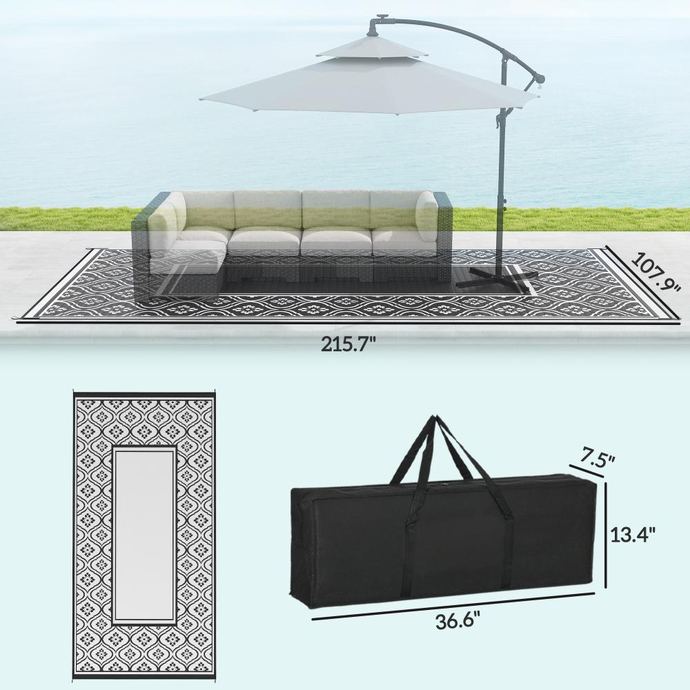 Reversible Outdoor Rug - Waterproof Plastic Straw, 9' x 18', Black & White Gourd Border