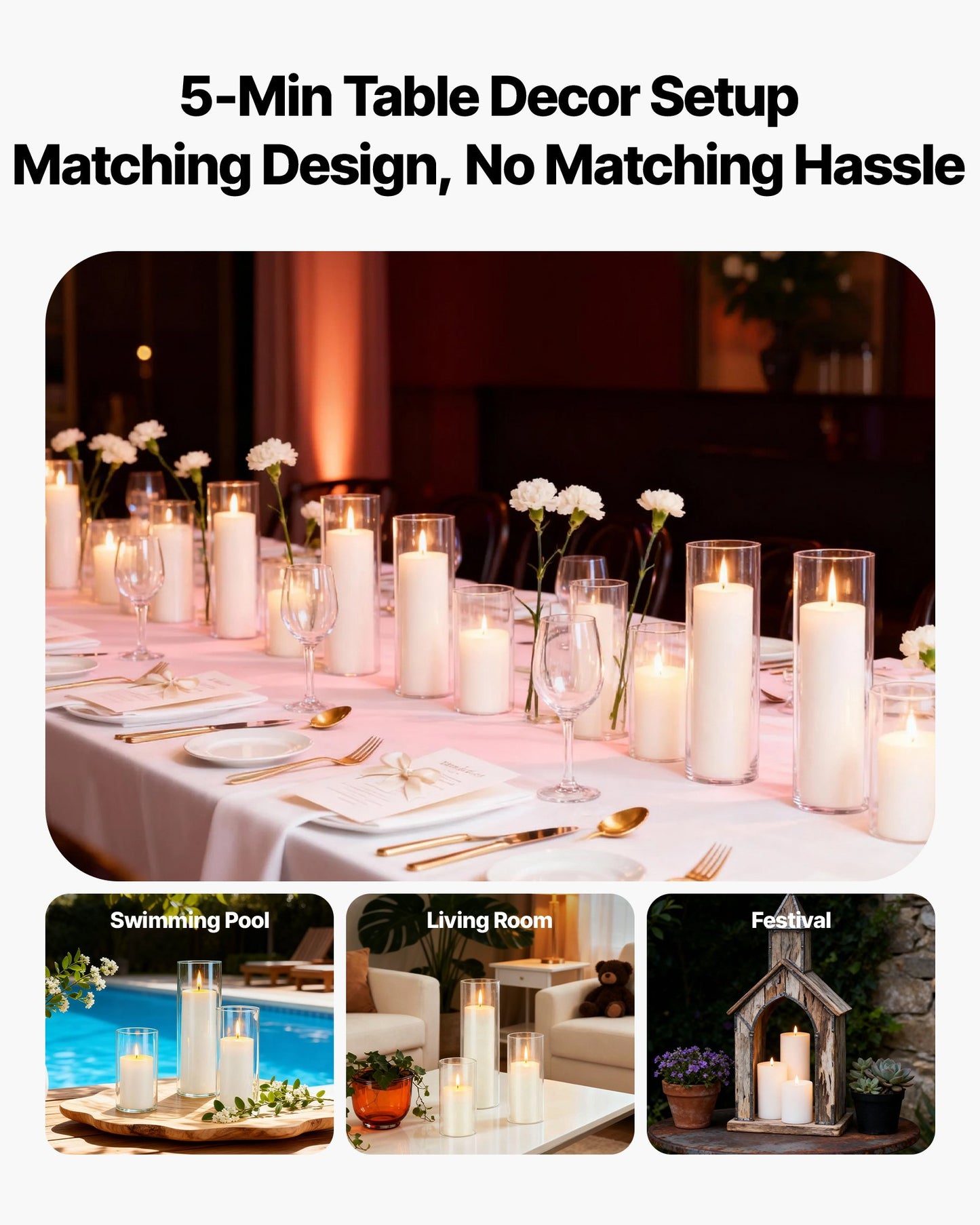 Glass Vases and Candle Set for Weddings and Events - 36 Pieces, Clear Cylinders, 3 Sizes