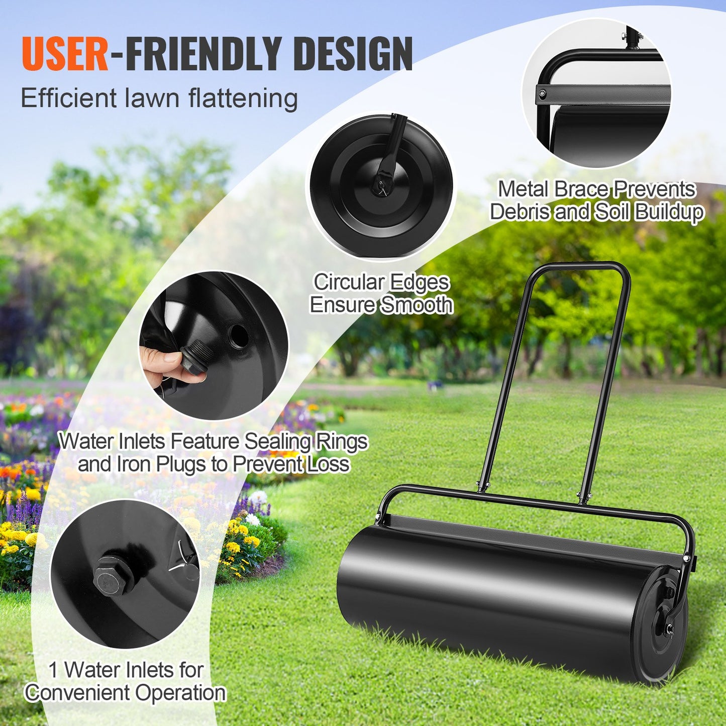Heavy-Duty Lawn Roller 17 Gallon Steel Water & Sand Filled Garden Tool Black