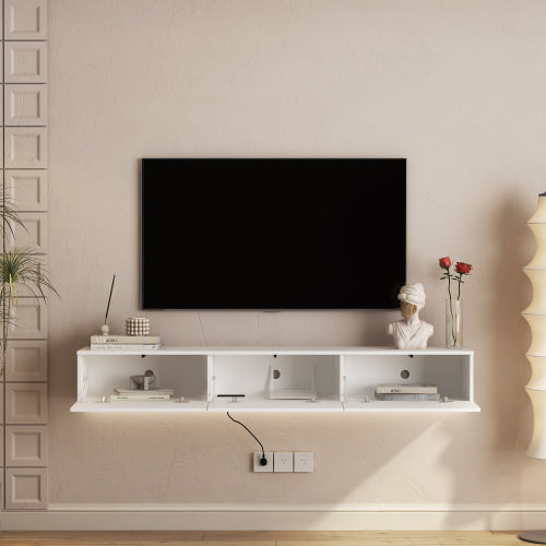 Floating TV Stand with 16 Color LEDs - Wall Mounted Entertainment Center for 55-65 Inch TVs - White