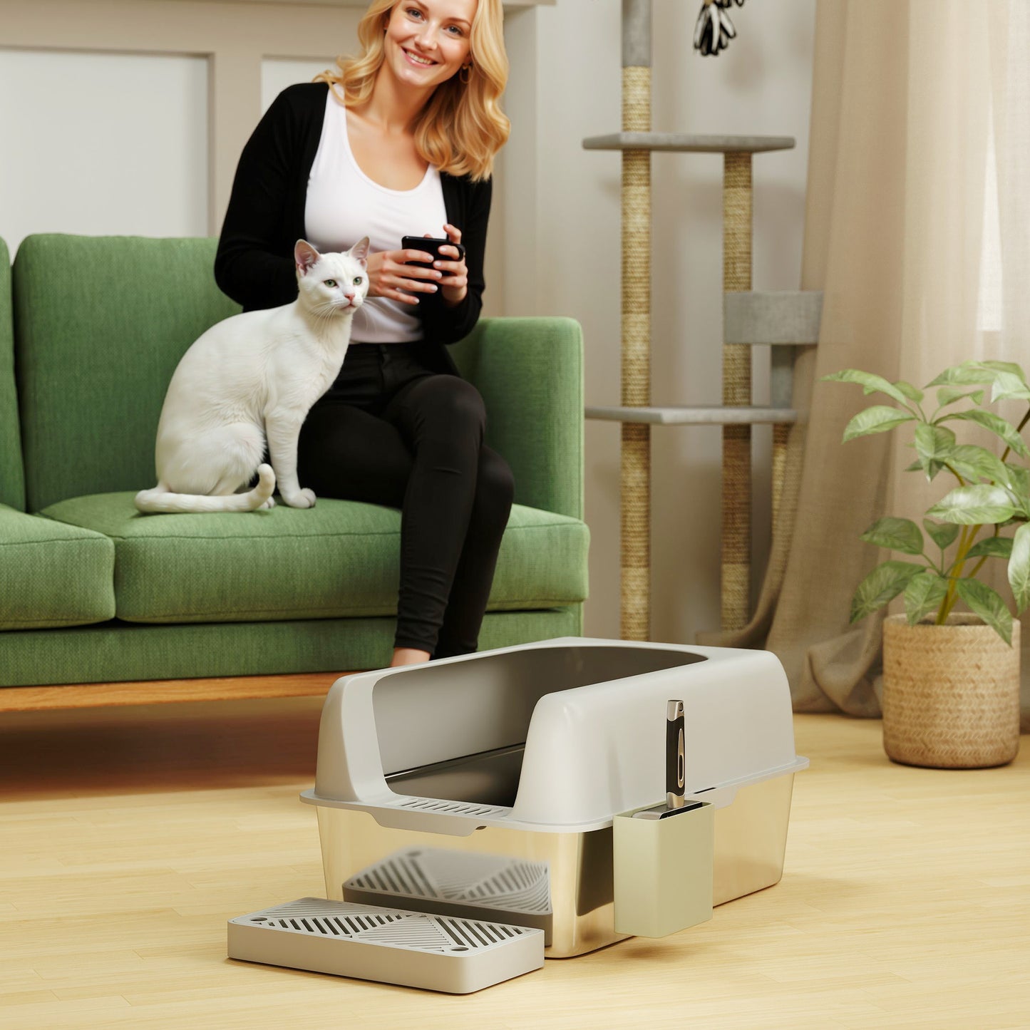 High Sided Stainless Steel Cat Litter Box with Scoop & Holder - Light Gray, 650x210x450mm