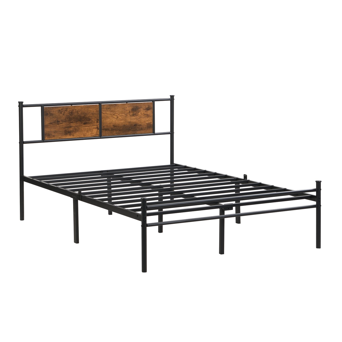 King Size Metal Bed Frame with Wood Panel Headboard - Black & Brown