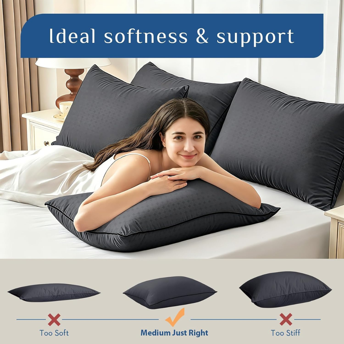 Queen Size Support Pillow Set - Firm Down Alternative for Side & Back Sleepers