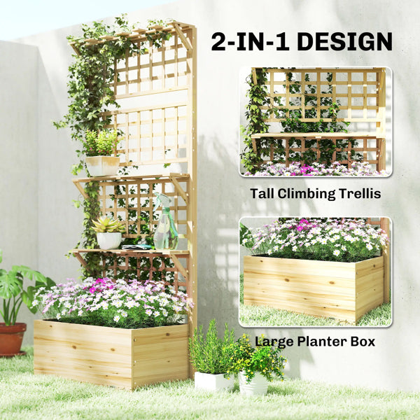 Raised Garden Bed with Trellis and Storage Shelves - Natural Wood