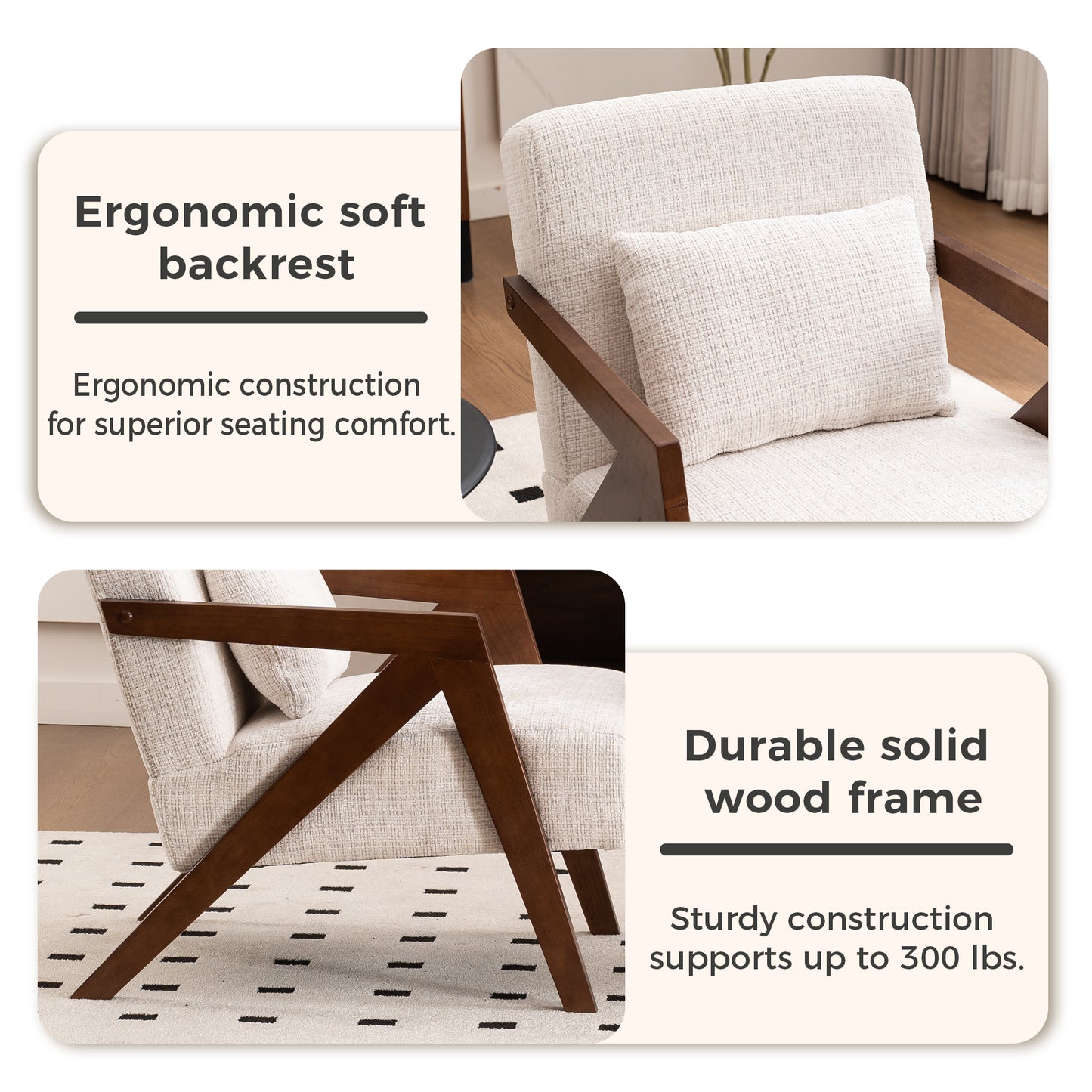 Mid-Century Modern Accent Chair - Solid Wood & Upholstered Chenille - Beige