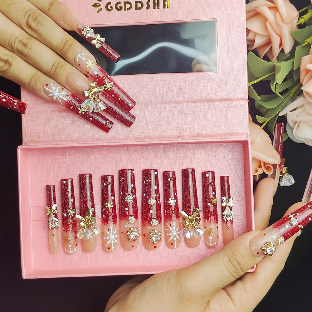 Handmade Press-On Nails - Red Snowflake Rhinestone Bell Design Set