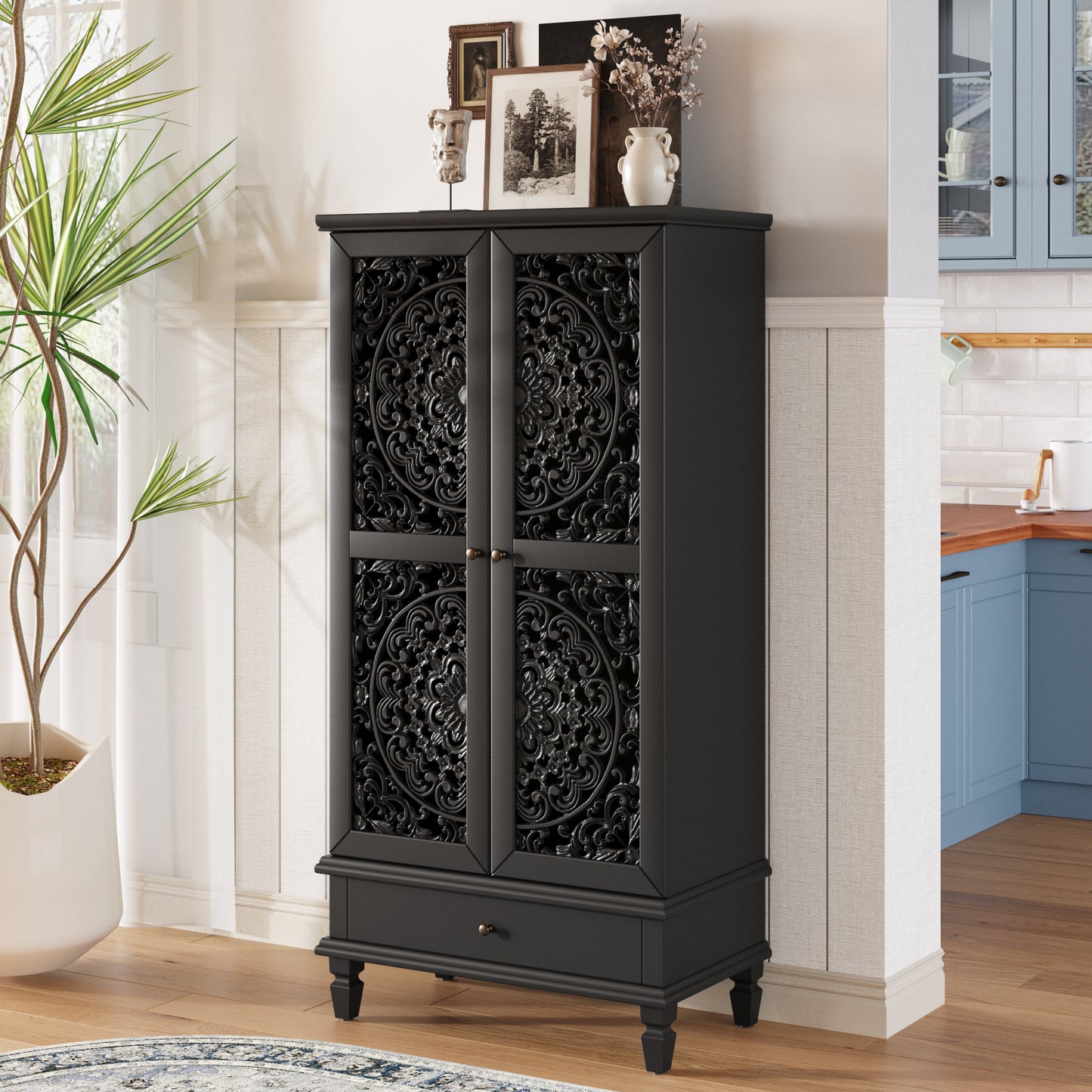 Rustic 55" Tall Storage Cabinet with Drawer - Black Accent Cabinet