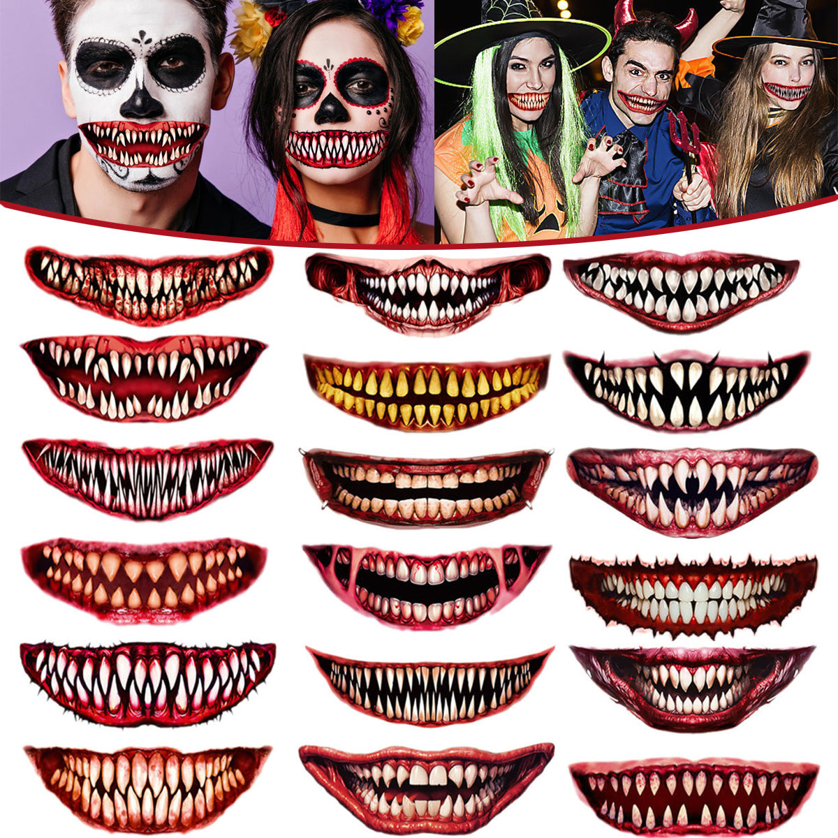 18 Sheets Halloween Temporary Tattoo Stickers - Scary Mouth Designs
