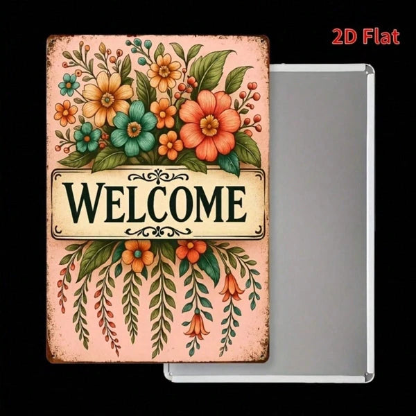 Rustic Floral Welcome Sign - 8x12 Inch Metal Wall Art