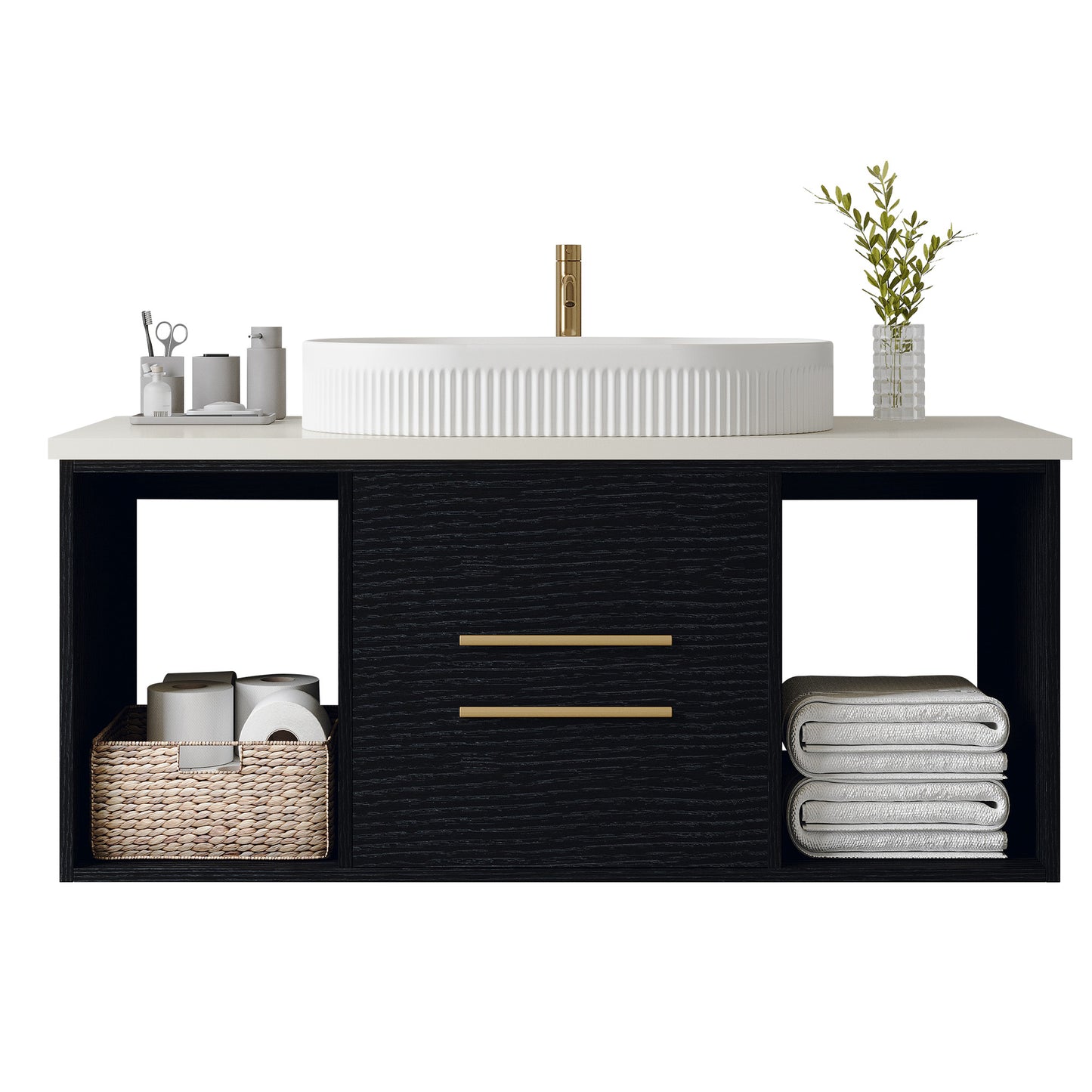 39.4-Inch Wall-Mounted Bathroom Vanity with Oval Sink - Black, Gold, White