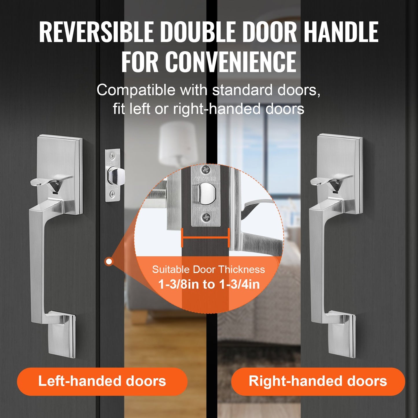 Square Front Door Handle Set - Reversible, Satin Nickel, Adjustable Spacing