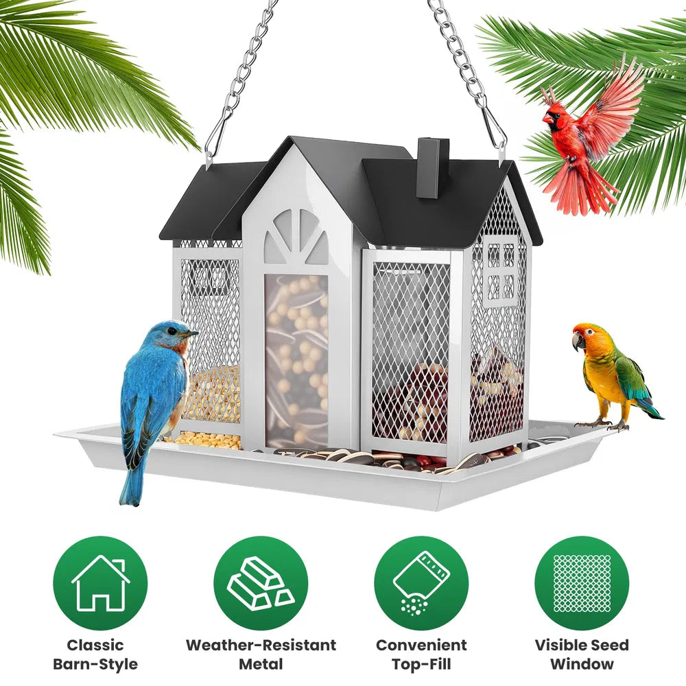 Metal Hanging Bird Feeder House - Classic Barn Design, Red & White, 15.75in Outdoor Garden Decor