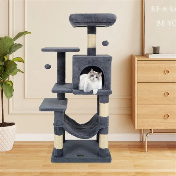 44-Inch Multi-Level Cat Tree with Spacious Perch, Condo & Hammock - Gray