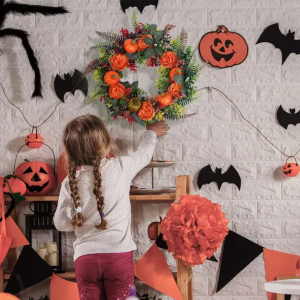 Autumn Wreath with Pumpkin, Leaves & Berries - Fall Decor