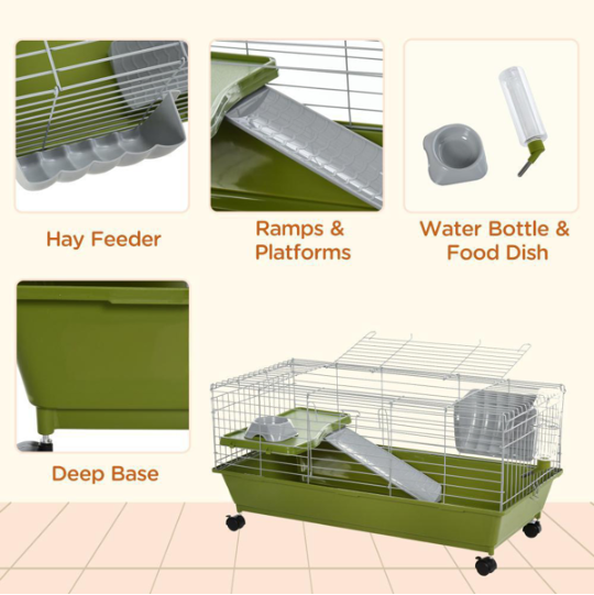 Small Animal Cage with Wheels for Rabbits Guinea Pigs & Chinchillas - Green