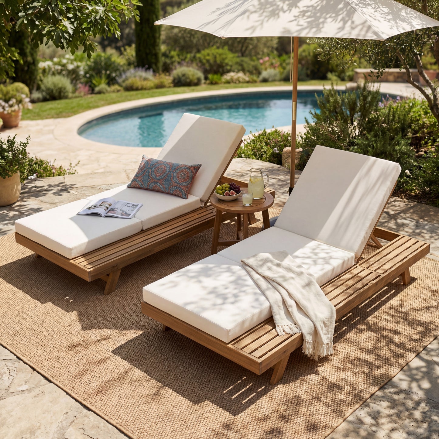 Lounge Chaise Set - Acacia Wood with Cream Cushion, 4-Position