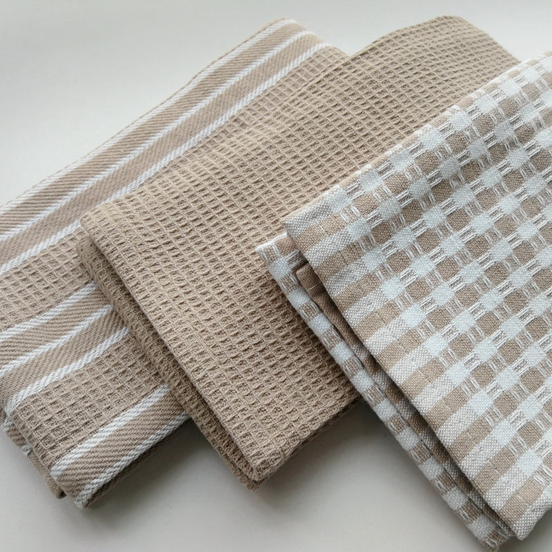 3-Pair Cotton Kitchen Towels Multi-Purpose Set — Green & Light Brown
