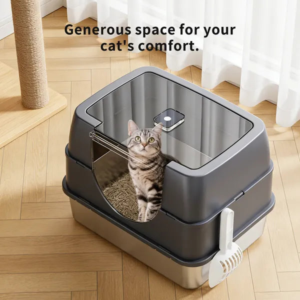 Stainless Steel Cat Litter Box with Flip-Top Cover & Odor Control