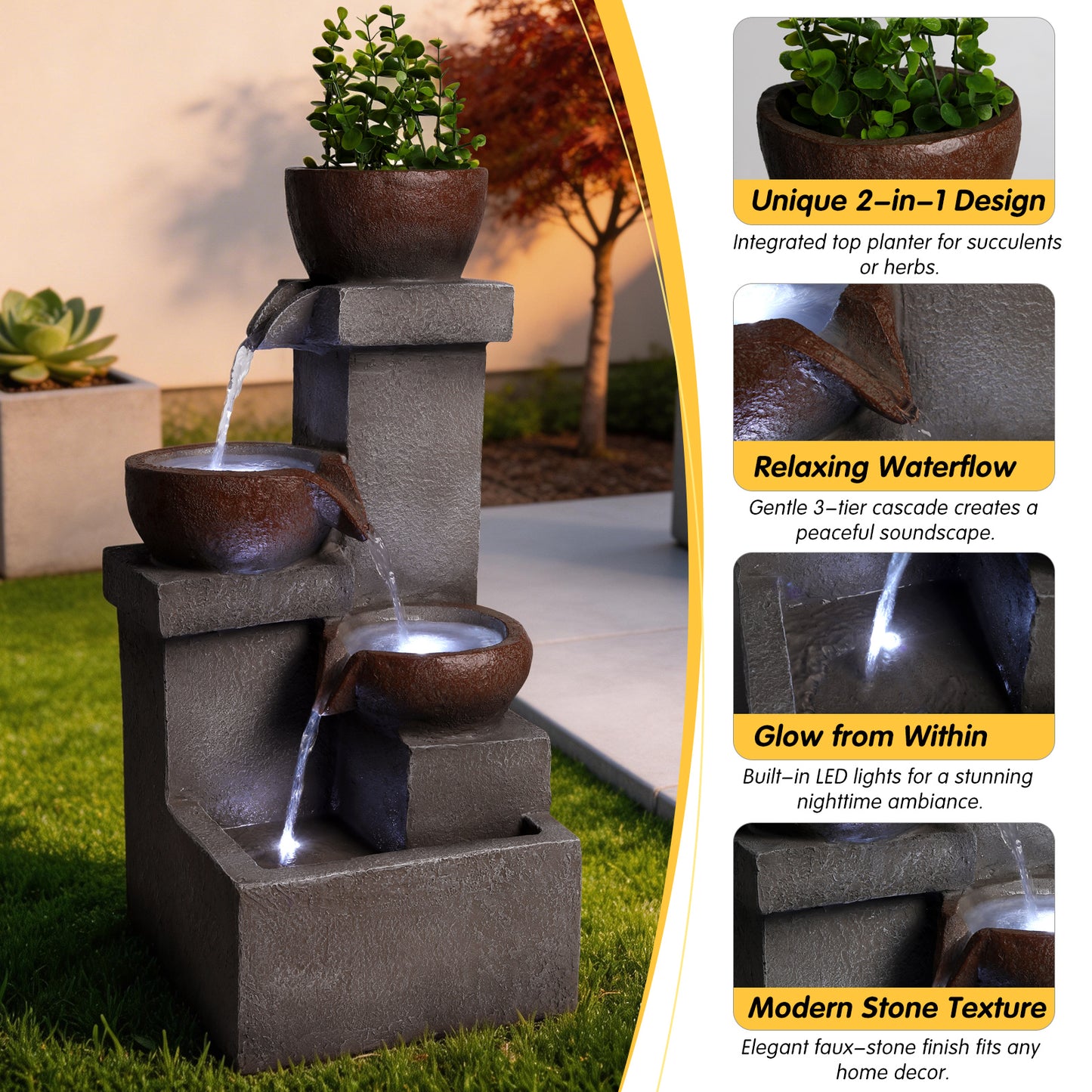 Outdoor Tiered Water Fountain with LED Lights Resin Garden Decor 23in