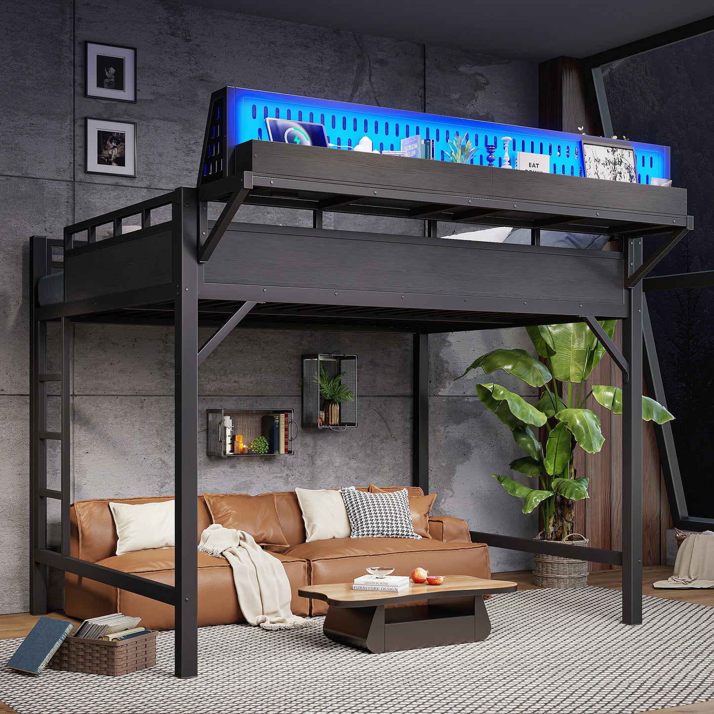Queen Size Metal Loft Bed Frame with USB Ports & LED Lights