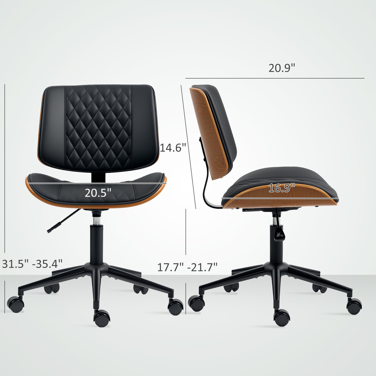 Adjustable Black PU Leather Office Chair with Wheels - Armless