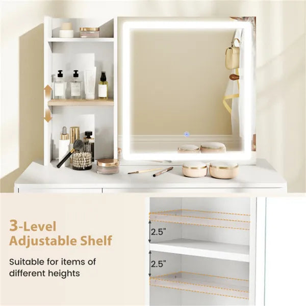 White Vanity Desk and Stool Set with LED Light Strip and Mirror