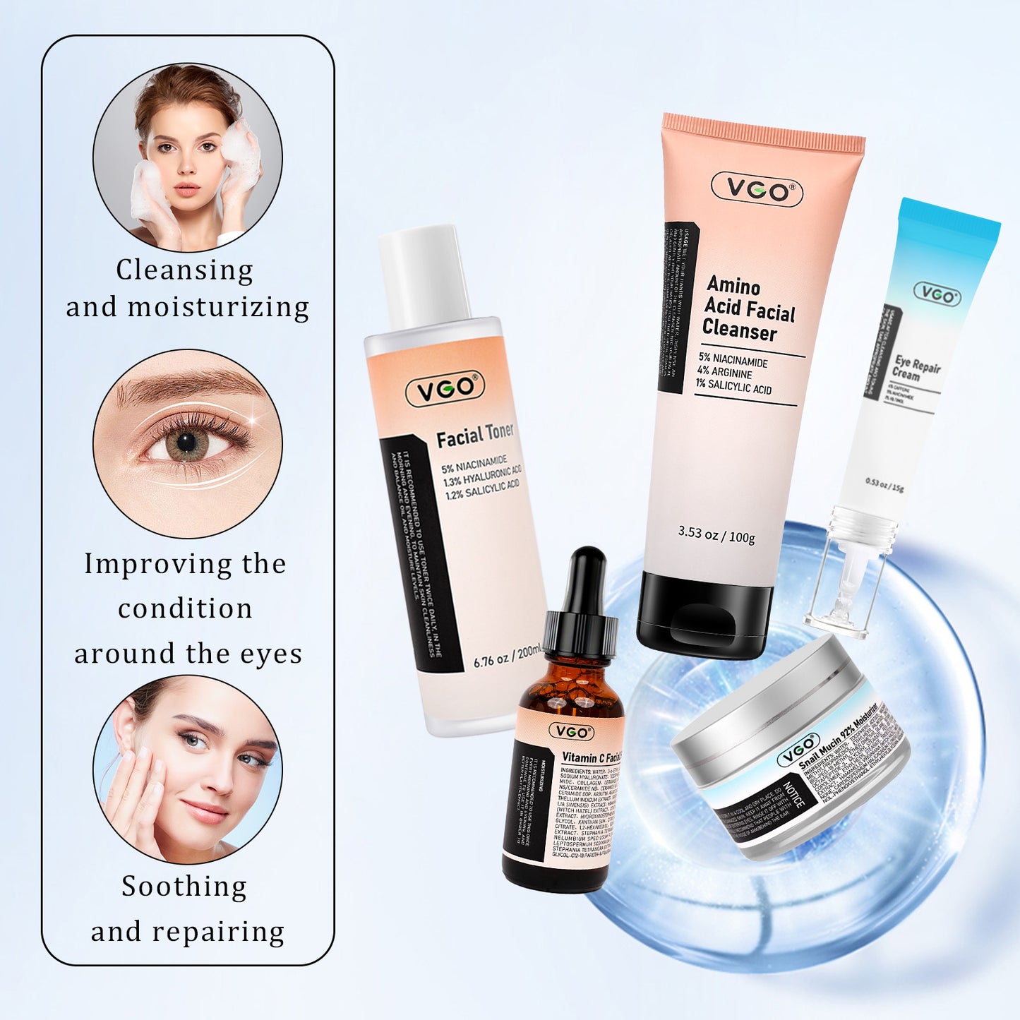 5-Step Facial Skincare Routine Set - Cleanser, Toner, Serum & Moisturizer
