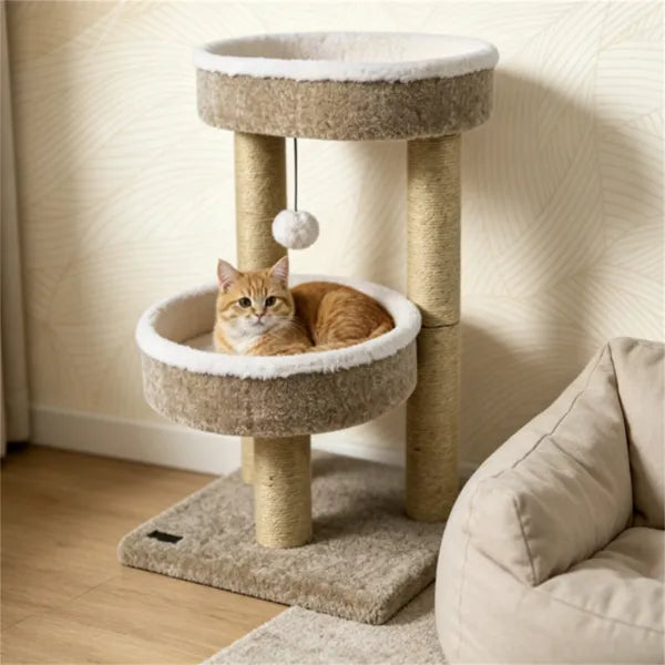 Compact Cat Tree with Plush Perches, Jute Scratching Posts & Hanging Toy Ball