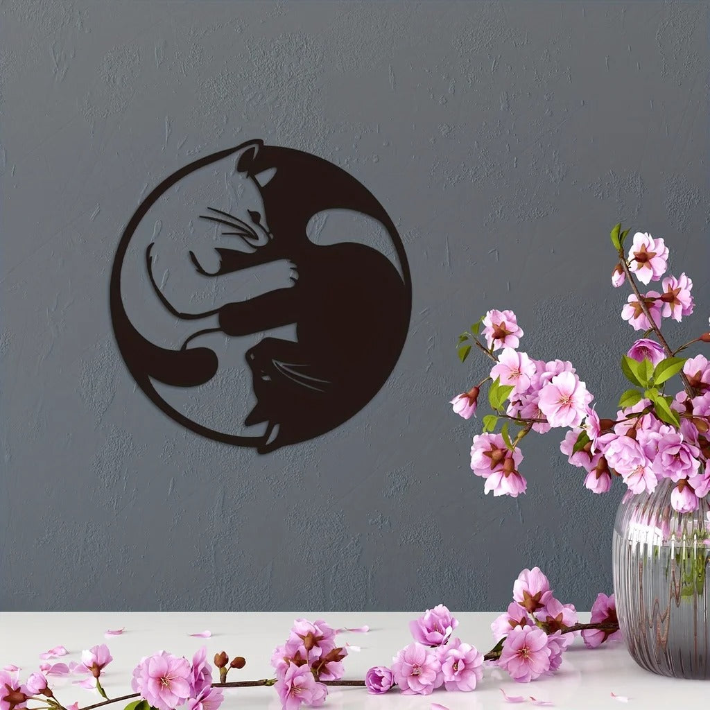 Yin Yang Cat Wall Art Sculpture - Handmade Wrought Iron Decor
