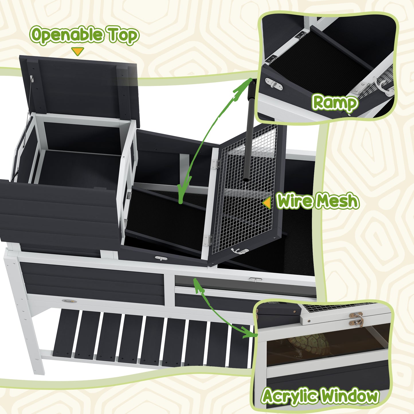 Pet Tortoise House with Adjustable Lamp Holder, Storage Shelf & Removable Main, Gray