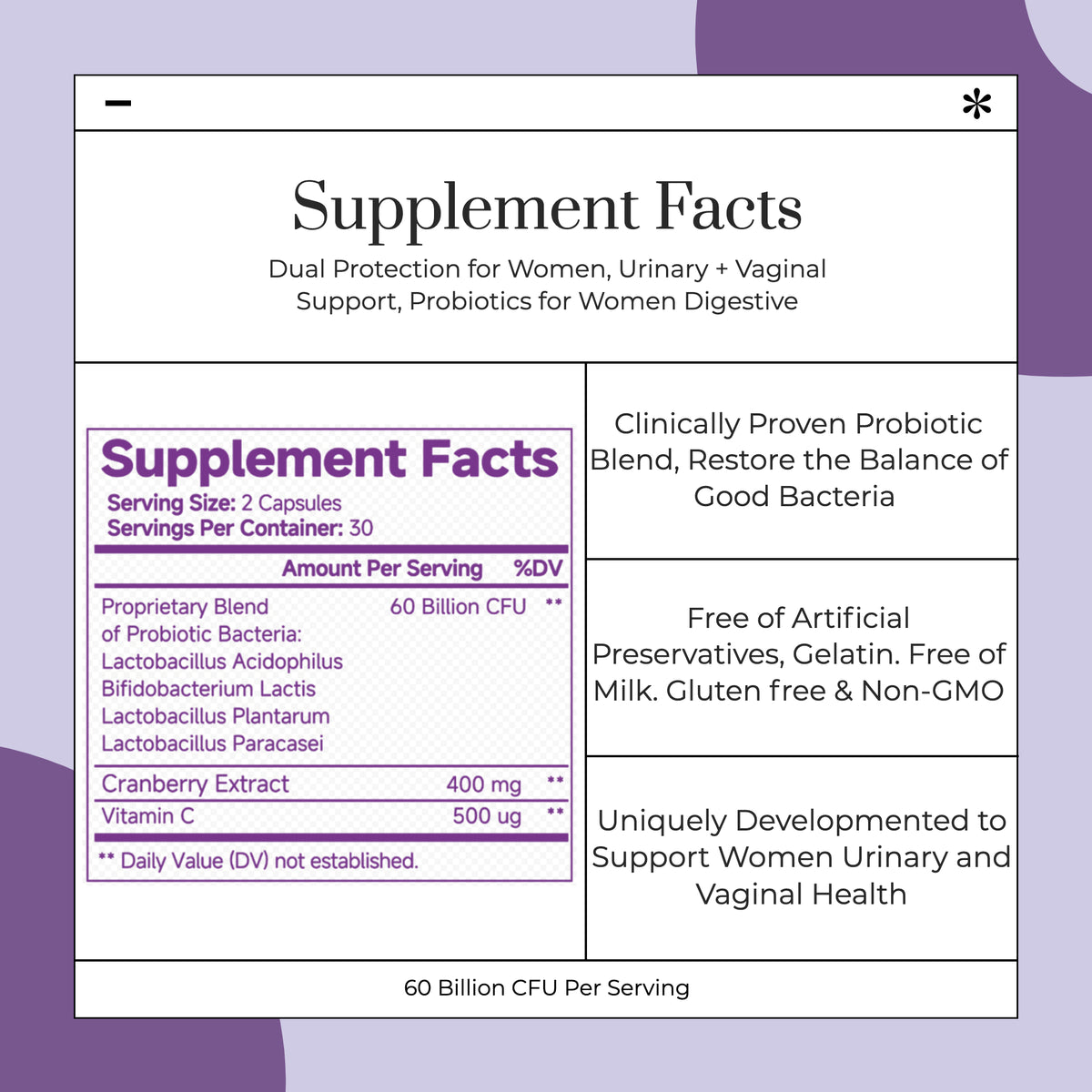 Women's Probiotic Capsules - 60 Billion CFU pH Balance & Digestive Support