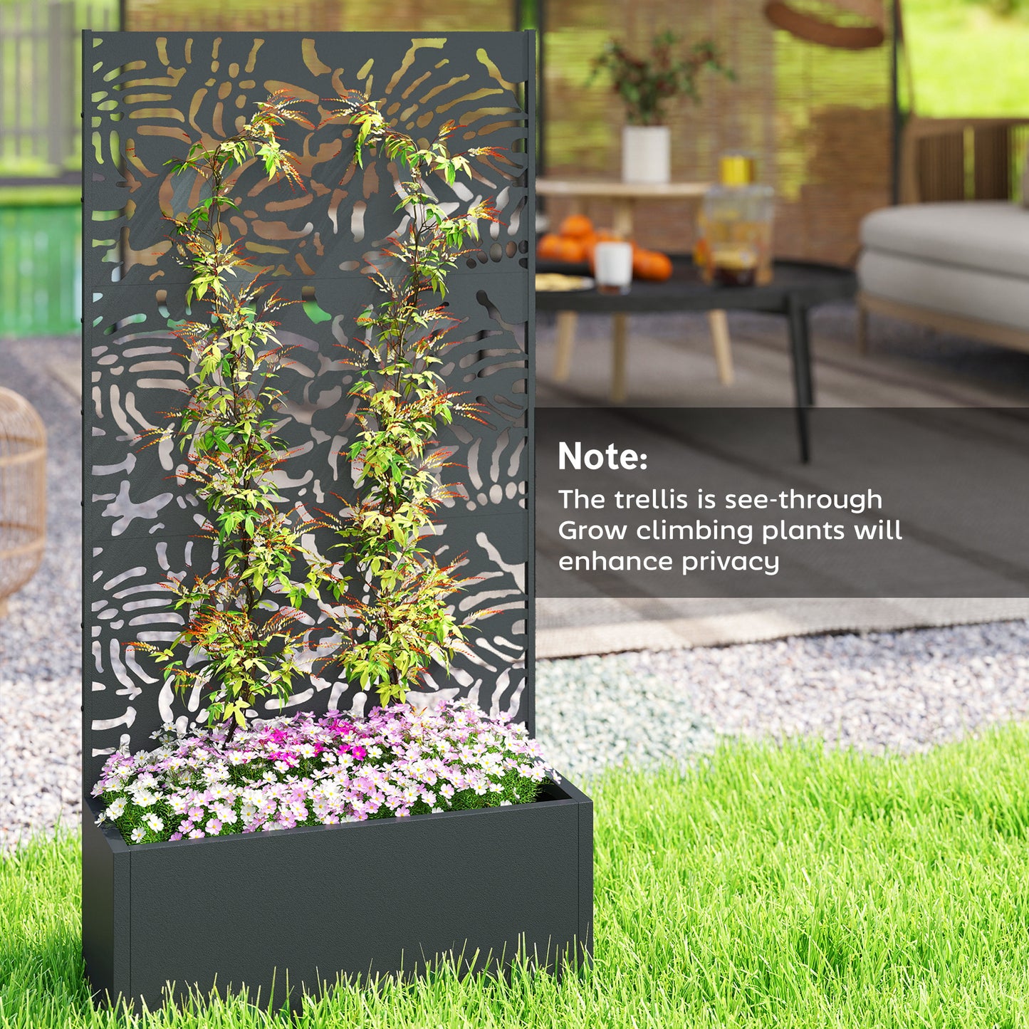 Metal Planter Box with Trellis - 71-Inch Tall Raised Garden Bed with Privacy Screen and Drainage Holes - Black
