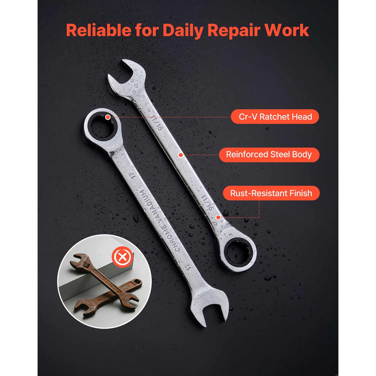 26-Piece Combination Wrench Set with Open End & Ratcheting Design - SAE & Metric, Cr-V Steel, Organizer, Clear Size Labels