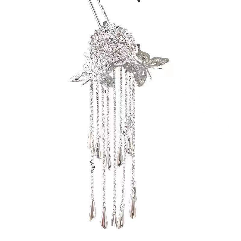Butterfly Tassel Hairpin - Silver Alloy Hair Clip
