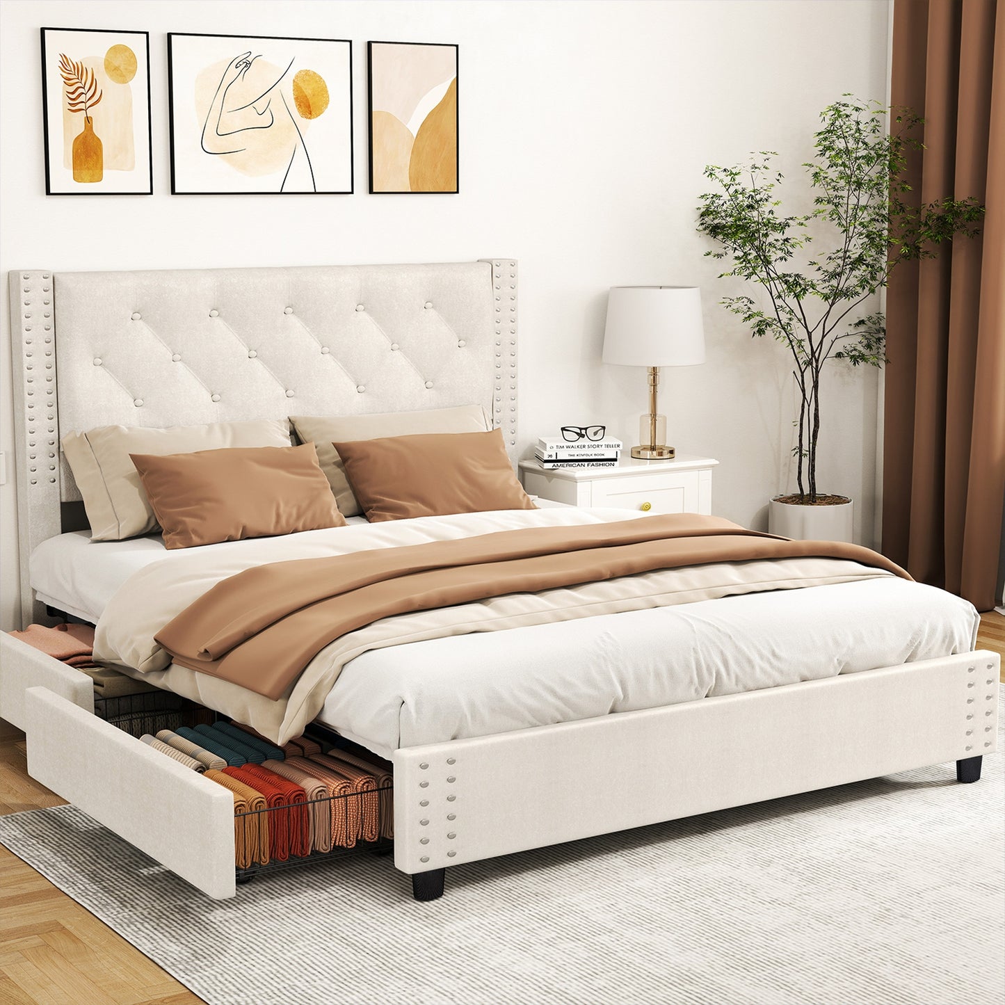 Full Size Platform Bed Frame with Headboard and 4 Drawers