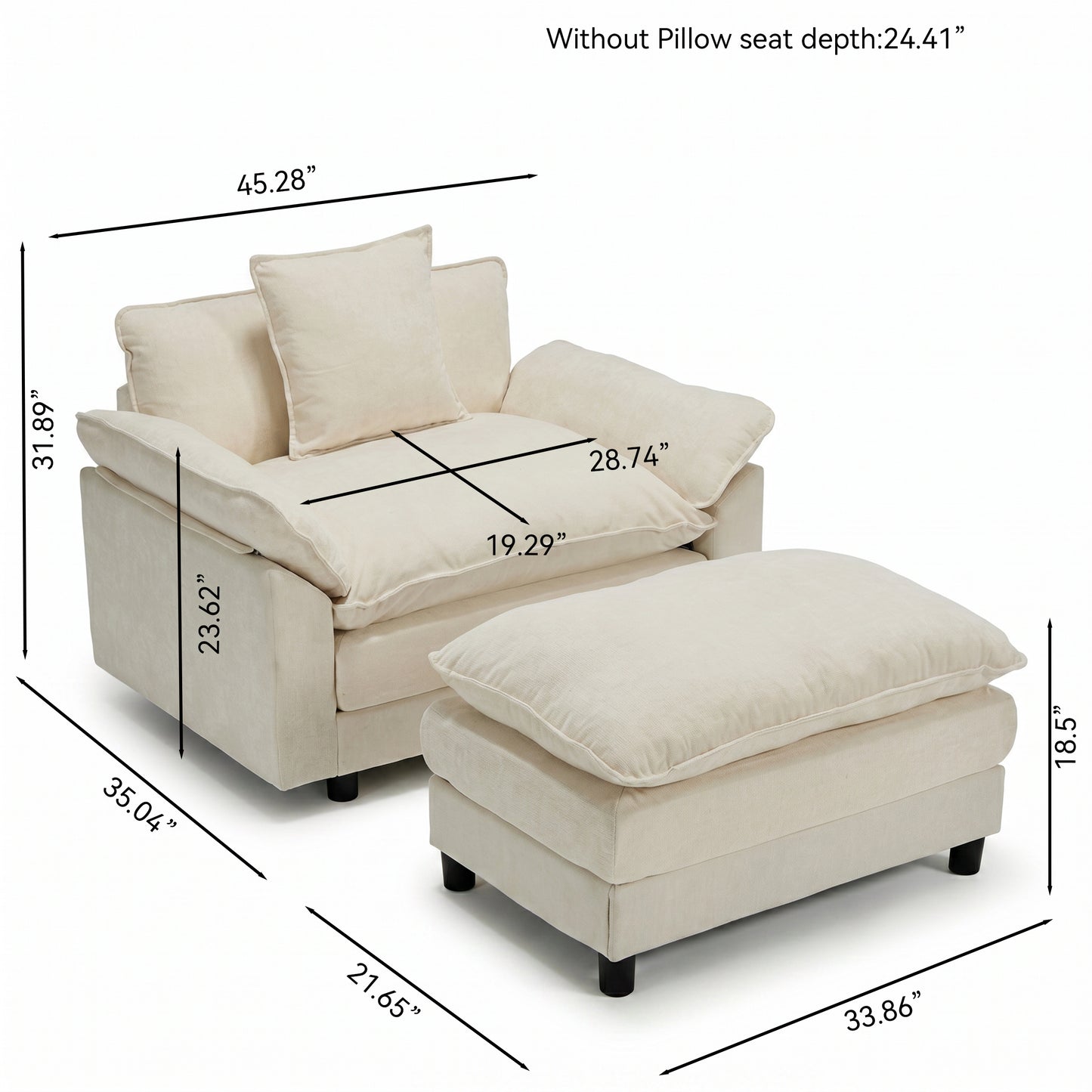 Modern Chenille Accent Chair with Ottoman - Beige Upholstered Armchair