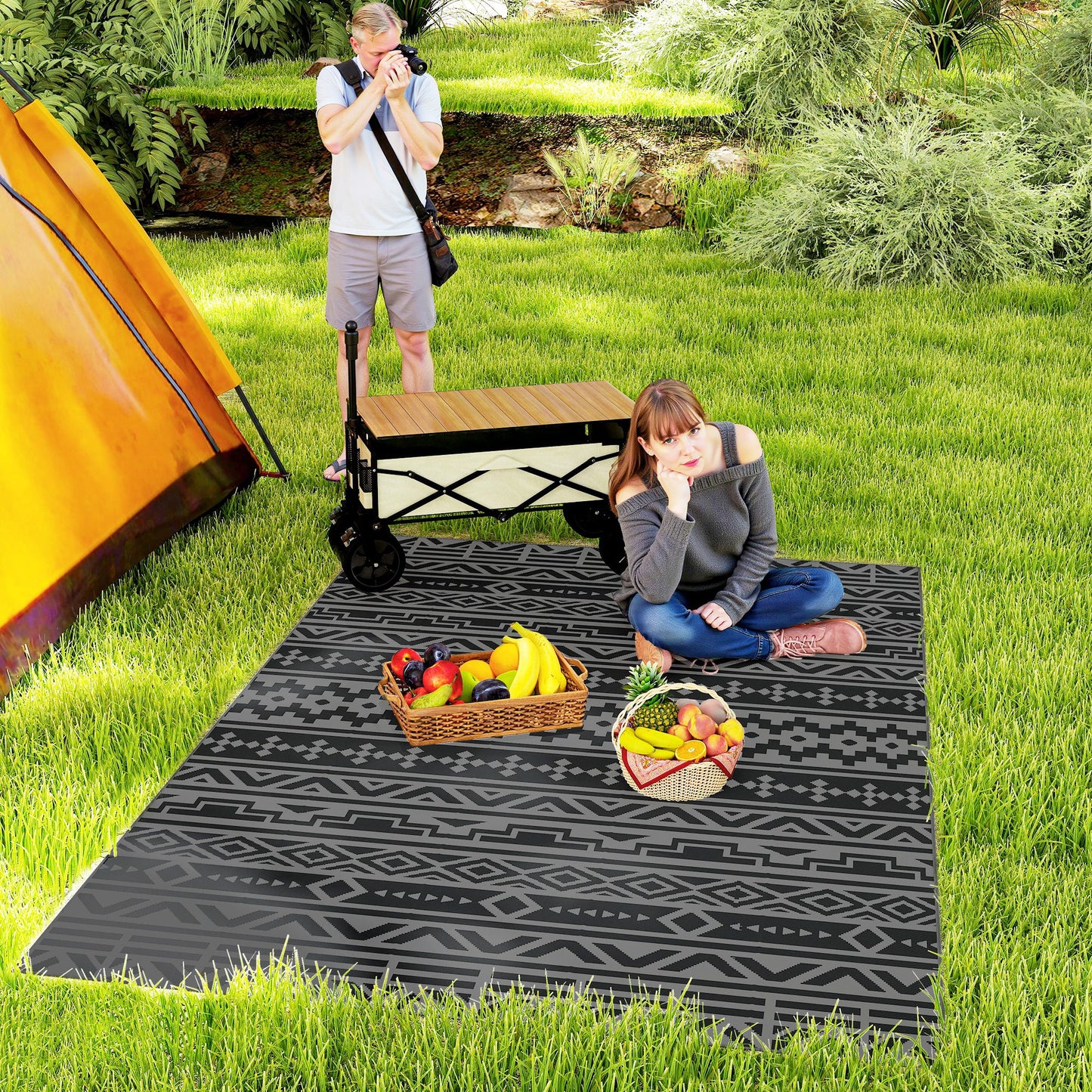 Reversible Outdoor Rug - Waterproof Polypropylene, 6' x 9', Black & Gray Geometric
