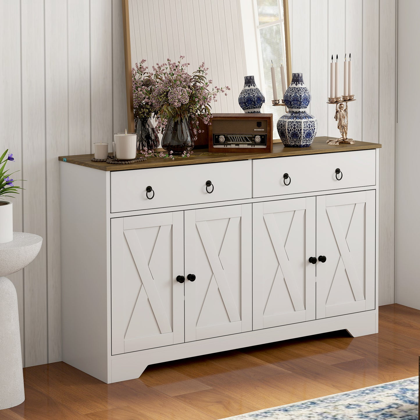 Farmhouse Kitchen Storage Sideboard with Barn Doors - White