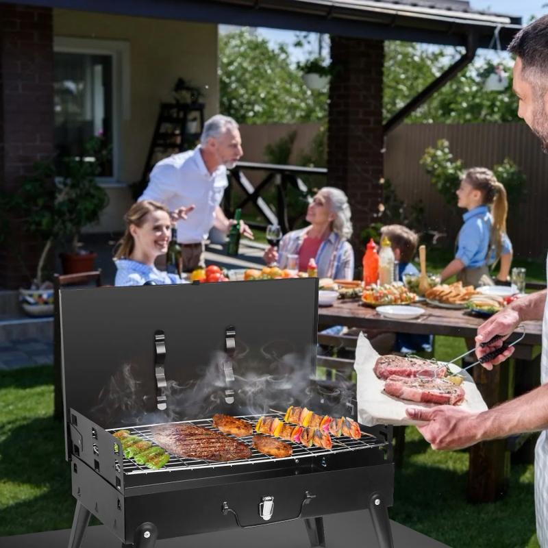Portable Charcoal Grill with Adjustable Height - Black