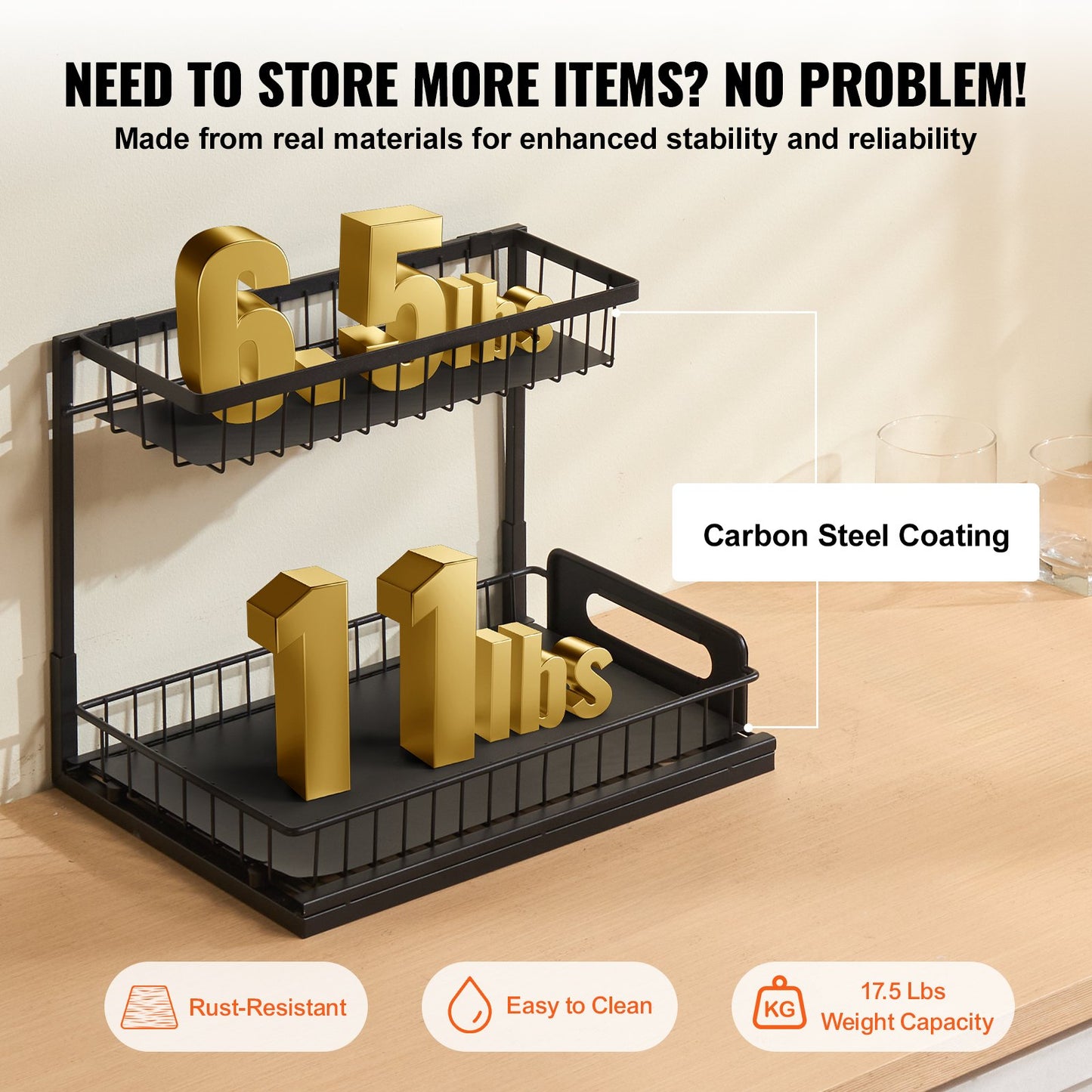 2-Tier Pull Out Under Sink Organizer - 10.7"W x 14.2"D - Black