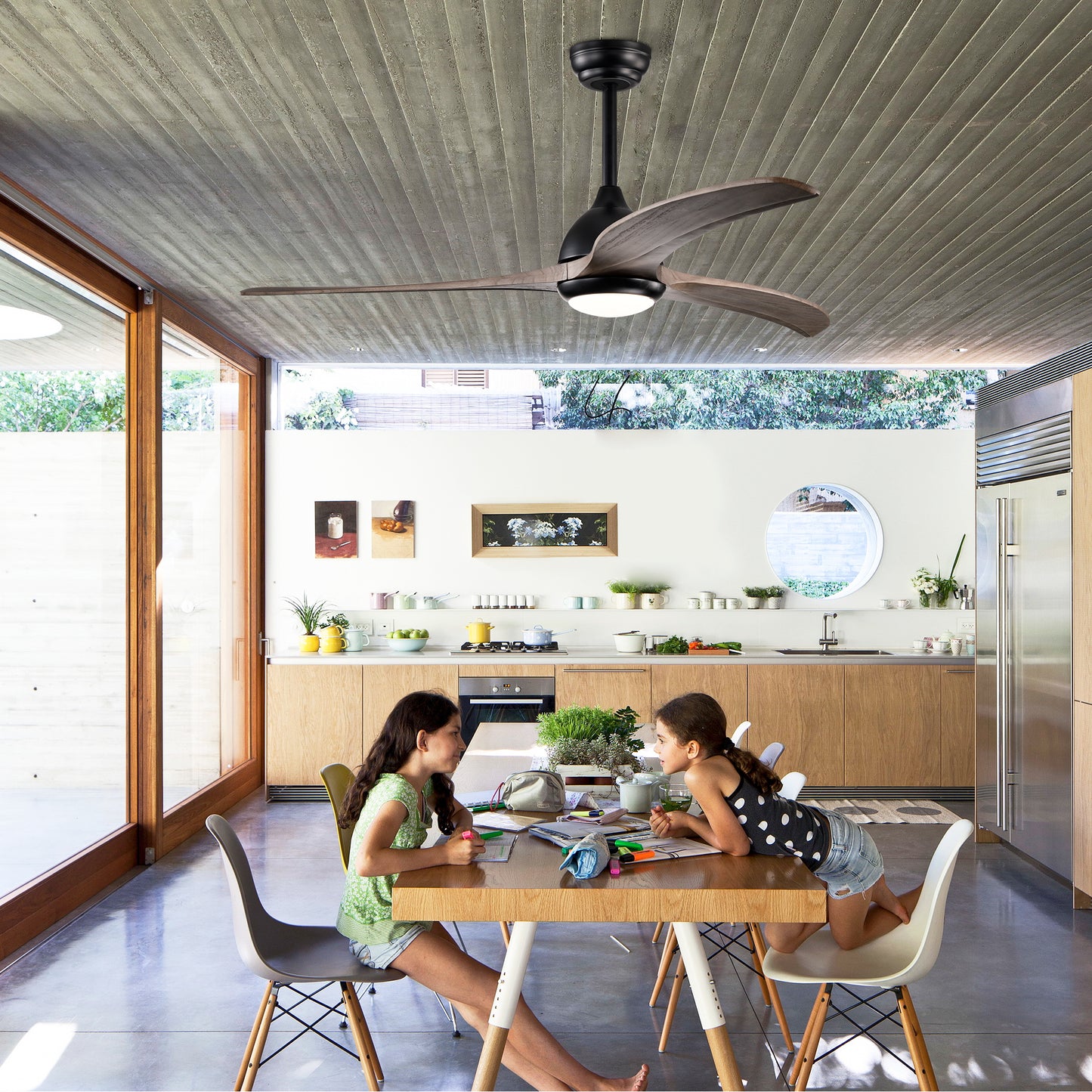 52-Inch Solid Wood Blades Ceiling Fan with Light & Remote Control - Matte Black