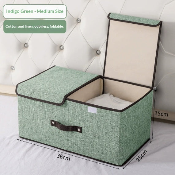 Foldable Cotton Linen Storage Box with Double Lid - Multi-Purpose Home Organizer
