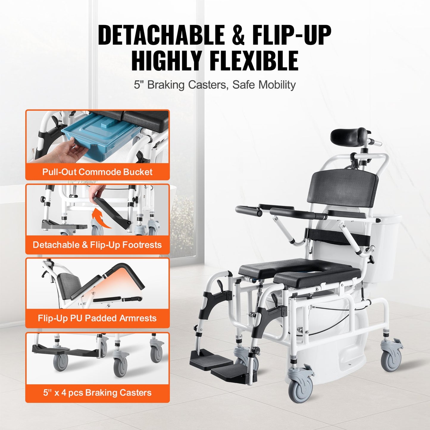 17.5-Inch Aluminum Shower Wheelchair for Disabled Adults with Adjustable Seat