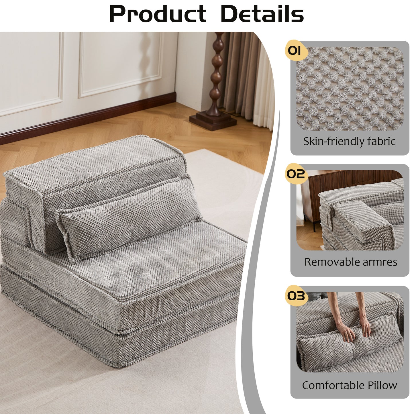 Convertible Compression Mahjong Sofa Bed - Light Grey