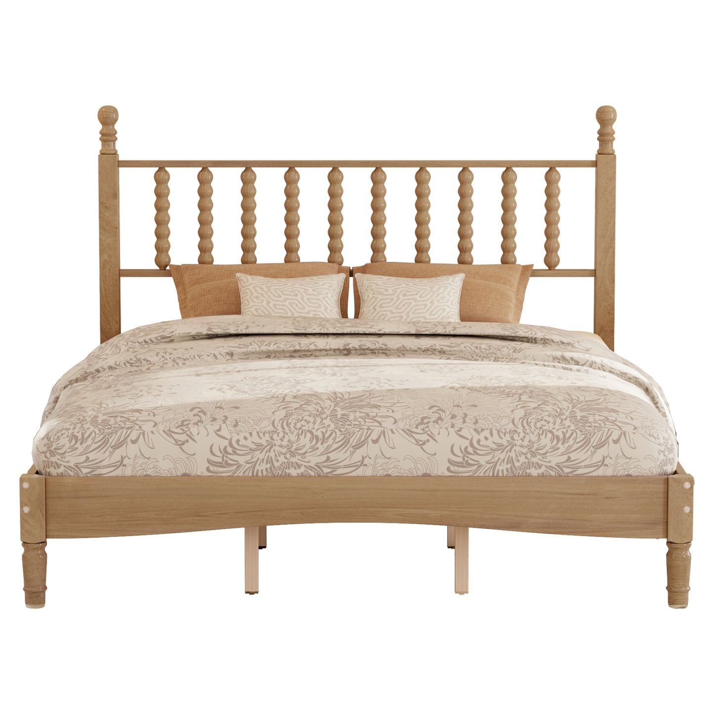 Queen Size Wood Platform Bed With Gourd Shaped Headboard,Retro Style