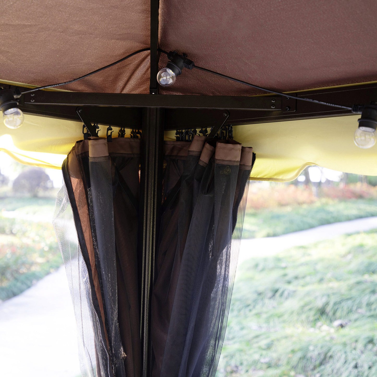 Outdoor Aluminum Frame Gazebo with Double Roof & Curtains - Coffee