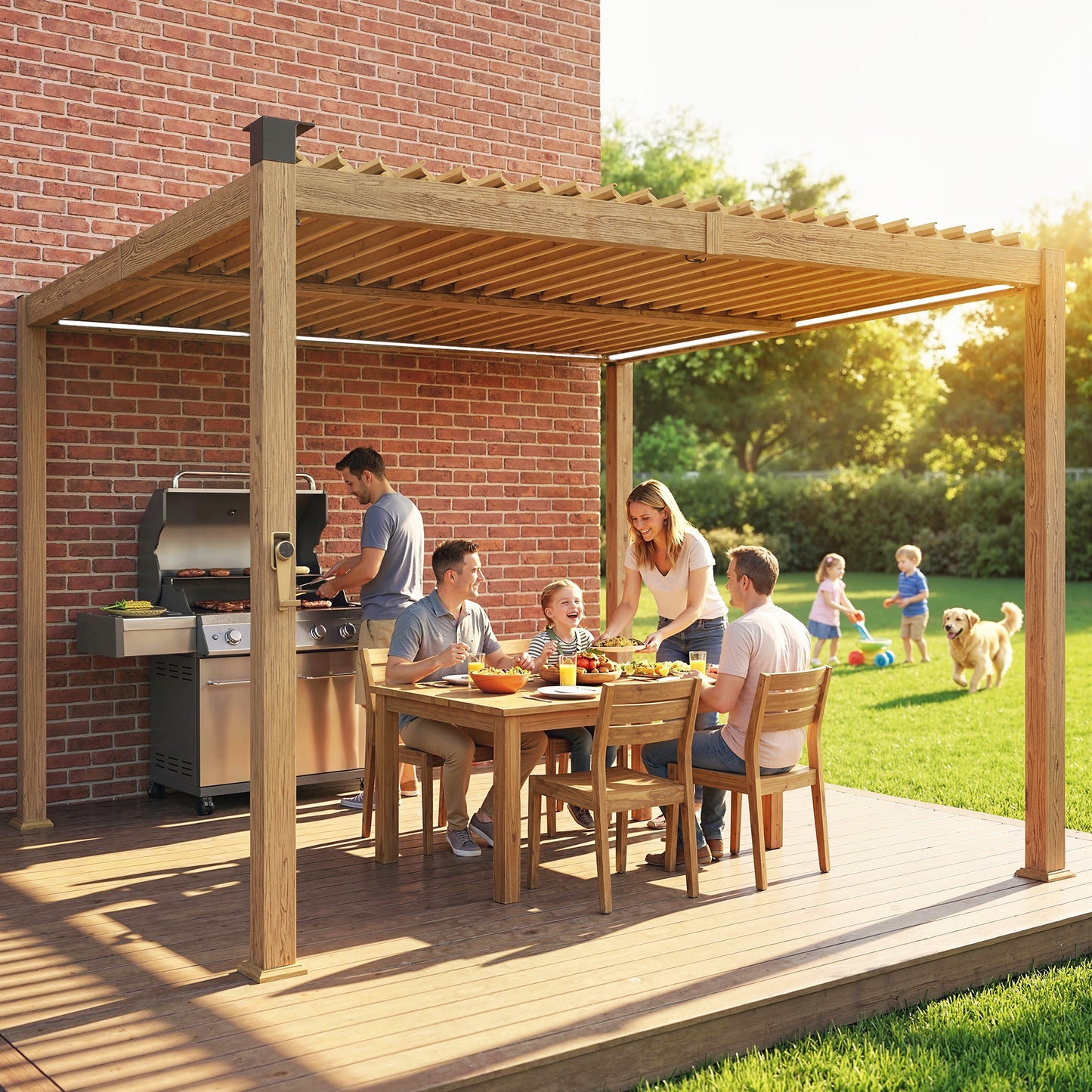 10x10 Louvered Pergola with Solar LED Lights & Metal Roof - Brown